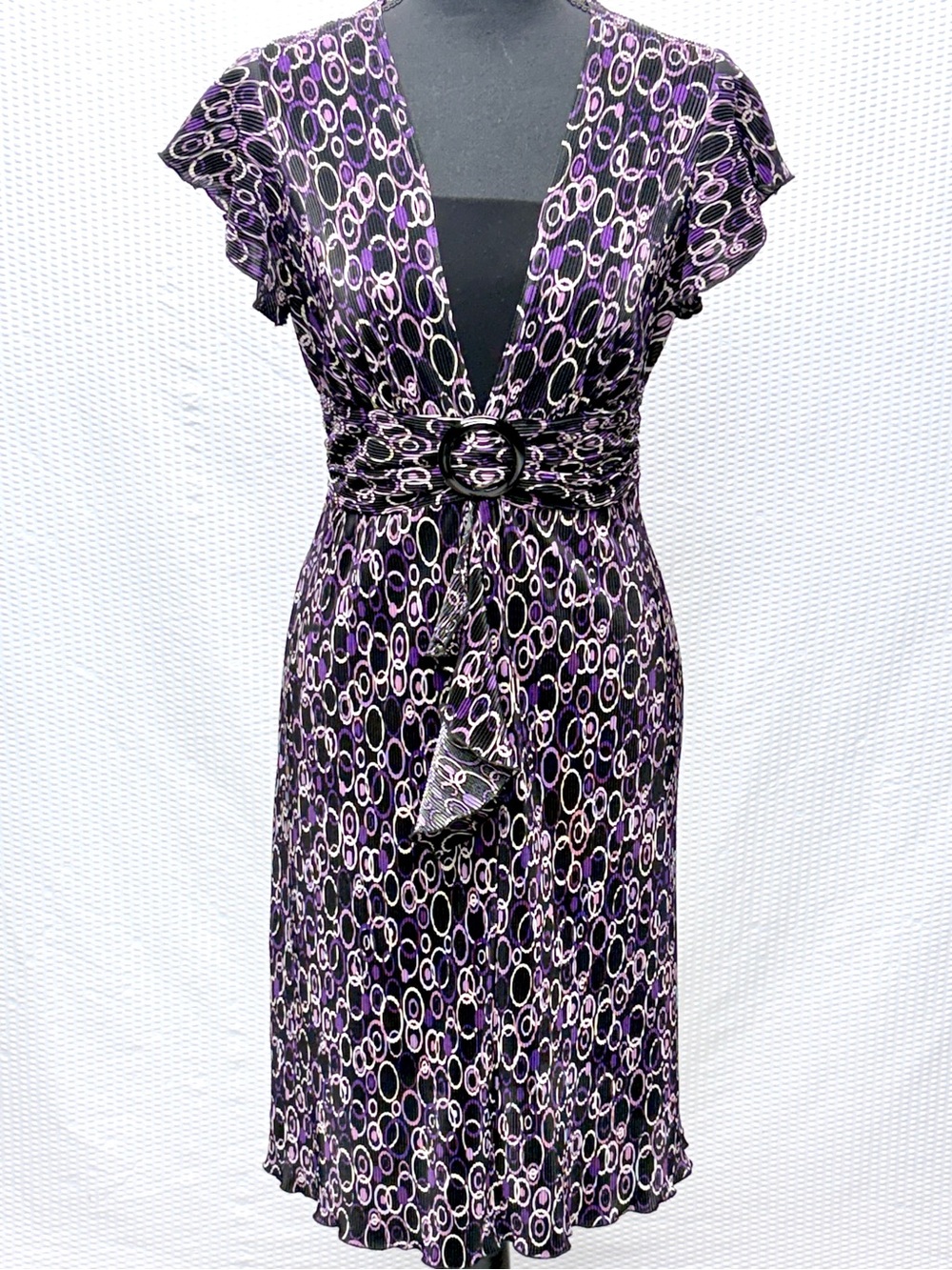 R&M Richards Faux Wrap Dress Women’s 10P Black Purple Geometric Pleated SS